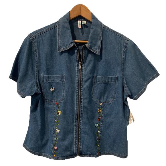 Bill Blass Denim Zip Up Short Sleeve Shirt, Womans-Large-Hand Embroidered - Picture 1 of 10